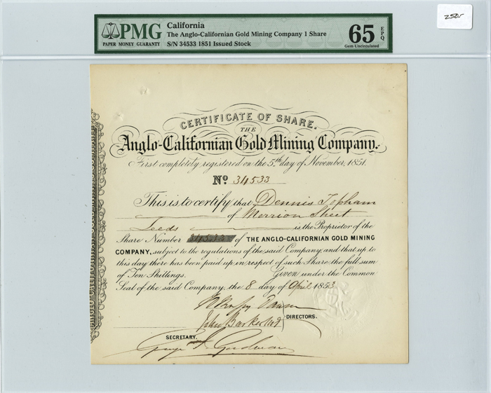 Anglo-Californian Gold Mining Co - Stock Certificate